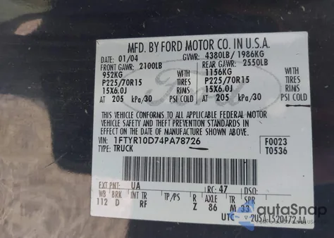 2004 Ford Ranger Xl/Xlt z USA, uszkodzony, nr VIN 1FTYR10D74PA78726